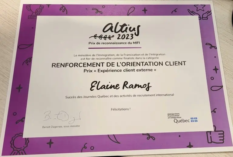 Certificat Altius 2023 du ministère de l’Immigration, de la Francisation et de l’Intégration du Québec, remis à Elaine Ramos