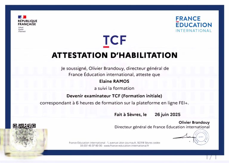 Attestation d’habilitation d’examinatrice TCF au nom d’Elaine Ramos, délivrée par France Éducation international